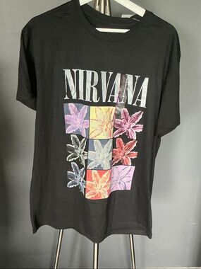 NIRVANA Black Tee with Multicolor Floral Grid